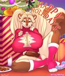  2017 anthro balls big_breasts breasts brown_eyes brown_nose christmas christmas_tree cleavage clothed clothing cookie dickgirl english_text food gift hair hi_res holidays holly_(plant) humanoid_penis intersex legwear long_hair looking_at_viewer mammal milk mimi_&quot;godiva&quot;_dulcifer multicolored_hair panties penis pigtails plant skunk smile socks solo soulblader sweater text tokifuji tree two_tone_hair underwear 