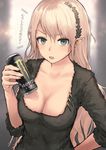 :o backlighting bangs black_shirt blonde_hair blue_eyes blush breasts can cleavage collarbone energy_drink furukawa_wanosuke holding long_hair looking_at_viewer low_neckline medium_breasts monster_energy no_bra open_mouth original pointy_ears shirt sleeves_past_elbows soda_can solo straight_hair sweat translated upper_body very_long_hair water_drop 