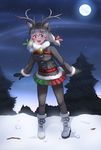  :d absurdres animal_ears antlers bell black_legwear blush boots breath coat commentary extra_ears full_body full_moon fur-trimmed_sleeves fur_collar fur_trim green_eyes grey_hair hair_ribbon heterochromia highres kemono_friends lavie_(bansheestrikes) long_hair looking_at_viewer mittens moon night open_mouth pantyhose rainbow_skirt red_eyes reindeer_(kemono_friends) reindeer_antlers reindeer_ears ribbon smile snow solo tree winter_clothes winter_coat 