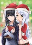  :d arm_up artist_name bangs black_hair blitzen blue_eyes blurry book christmas dated depth_of_field edelweiss_(wsparkz) eve_santaclaus eyebrows_visible_through_hair eyes_visible_through_hair hand_on_another's_shoulder hat highres holding holding_book idolmaster idolmaster_cinderella_girls idolmaster_cinderella_girls_starlight_stage long_hair long_sleeves multiple_girls navel open_mouth sagisawa_fumika santa_hat silver_hair smile yellow_eyes 