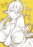  2017 animal_ears bare_shoulders breasts centaur centorea_shianus commentary_request dared english gecotan hair_between_eyes happy_birthday horse_ears huge_breasts long_hair long_ponytail monochrome monster_girl monster_musume_no_iru_nichijou open_mouth pointy_ears ponytail signature simple_background solo upper_body yellow_background 