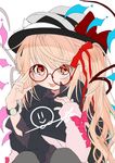  alternate_costume alternate_headwear bad_id bad_twitter_id bespectacled black_jacket blonde_hair bow contemporary fedora flandre_scarlet glasses gotoh510 hair_ribbon hat hat_bow hood hooded_jacket jacket long_sleeves looking_at_viewer pointy_ears red-framed_eyewear red_bow red_eyes red_ribbon ribbon side_ponytail simple_background smiley_face solo star tongue tongue_out touhou watch white_background wings work_in_progress wristwatch 