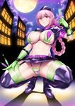  ass_visible_through_thighs bikini bnc_(bunshi) boots braid breasts commentary_request fate/grand_order fate_(series) florence_nightingale_(fate/grand_order) gloves green_bikini green_gloves green_legwear hat highres huge_breasts layered_bikini looking_at_viewer nurse_cap pink_bikini pink_hair red_eyes revealing_clothes shrug_(clothing) single_braid solo squatting stethoscope swimsuit syringe thigh_boots thighhighs thighhighs_under_boots trick_or_treatment 