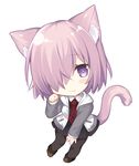  :3 animal_ears black_dress black_legwear blush_stickers brown_footwear cat_ears cat_girl cat_tail chibi closed_mouth collared_shirt commentary_request dress fate/grand_order fate_(series) full_body grey_hoodie hair_over_one_eye head_tilt hood hoodie kemonomimi_mode long_sleeves looking_at_viewer mash_kyrielight miko_92 necktie open_clothes open_hoodie pantyhose paw_pose pink_hair purple_eyes red_neckwear shirt shoes simple_background solo standing tail white_background white_shirt 