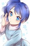  :o aikatsu! aikatsu!_(series) bangs blue_eyes blue_hair blue_sweater braid commentary_request hand_up kiriya_aoi long_sleeves looking_at_viewer one_side_up parted_lips ribbed_sweater sekina short_hair solo sweater upper_body 
