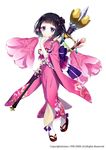  absurdres black_bow black_hair bow closed_mouth emia_(castilla) flower flower_knight_girl frills full_body hair_ornament highres holding holding_staff japanese_clothes kanhizakura_(flower_knight_girl) kimono looking_at_viewer object_namesake official_art pink_kimono purple_bow purple_eyes sandals short_hair simple_background smile socks solo staff standing white_background yukata 