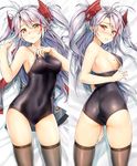  antenna_hair armpits ass ass_visible_through_thighs azur_lane bare_arms bare_shoulders bed_sheet black_legwear black_swimsuit blush breasts bright_pupils closed_mouth collarbone competition_school_swimsuit covered_navel dakimakura dress dress_removed eyebrows_visible_through_hair from_above frown hand_on_own_thigh hand_up headgear highres kotatsu_(kotatsu358) lying medium_breasts mole mole_on_breast multicolored multicolored_eyes multiple_views nose_blush on_back on_side one-piece_swimsuit orange_eyes parted_lips prinz_eugen_(azur_lane) red_eyes sheet_grab shiny shiny_clothes shiny_skin sideboob skindentation sweat swimsuit thighhighs thighs two_side_up 