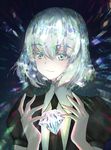  androgynous bangs black_neckwear black_shirt blue_eyes blue_hair clara_v closed_mouth collared_shirt commentary diamond diamond_(houseki_no_kuni) eyebrows_visible_through_hair gem gem_uniform_(houseki_no_kuni) glint hair_between_eyes hands_up holding houseki_no_kuni multicolored multicolored_eyes multicolored_hair necktie puffy_short_sleeves puffy_sleeves shirt short_hair short_sleeves smile solo upper_body white_shirt wing_collar 