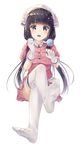  :d bangs black_hair blend_s blunt_bangs blush collared_shirt commentary_request crossed_legs eyebrows_visible_through_hair feet full_body gloves hair_ornament head_scarf highres hyouta_(yoneya) legs long_hair low_twintails no_shoes open_mouth pink_shirt pink_skirt pleated_skirt puffy_short_sleeves puffy_sleeves purple_eyes sakuranomiya_maika shirt short_sleeves simple_background sitting skirt smile soles solo stile_uniform thighhighs toes twintails uniform very_long_hair waitress white_background white_gloves white_legwear 