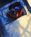  2017 5_fingers anthro bed canine detailed_background digital_media_(artwork) duo feline fur hair lukiri male mammal on_bed orange_fur red_hair sleeping spooning tiger under_covers 