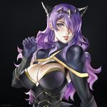  absurdres black_background breasts camilla_(fire_emblem_if) fire_emblem fire_emblem_heroes fire_emblem_if gloves hair_over_one_eye highres large_breasts lips long_hair looking_at_viewer purple_eyes purple_hair ragecndy simple_background smile solo wavy_hair 