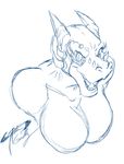  2017 angry anthro big_breasts breasts bust_portrait digital_media_(artwork) drakerogers facial_piercing featureless_breasts female furgonomics furry-specific_piercing hi_res horn leaning leaning_forward looking_at_viewer muzzle_piercing nose_piercing nude open_mouth piercing portrait reptile scalie simple_background sketch solo teeth tongue trenco viktoria_(beyxer) white_background 