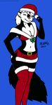  2017 anthro blue_background breasts christmas cleavage clothed clothing ear_piercing female hair hat holidays kelly_o&#039;dor mammal midriff navel piercing pink_nose santa_hat simple_background skunk solo tegerio whiskers white_hair zandar&#039;s_saga 