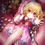  :o absurdres blonde_hair broken cd cd_player commentary_request cue_ball flandre_scarlet frilled_skirt frills from_above hair_between_eyes hair_ribbon headphones highres kyouda_suzuka looking_at_viewer lying on_back pink_skirt reaching_out red_eyes red_ribbon ribbon skirt solo stuffed_animal stuffed_toy teddy_bear touhou wings wrist_cuffs 