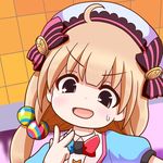  :d ahoge blonde_hair bobbles bow brown_eyes close-up collar commentary_request eyebrows_visible_through_hair futaba_anzu hat idolmaster idolmaster_cinderella_girls idolmaster_cinderella_girls_starlight_stage low_twintails multicolored_bow multicolored_hair_bobbles open_mouth puffy_sleeves short_sleeves smile solo sweatdrop twintails v yamato_damashi 
