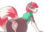  anthro anus backsack balls bent_over bottomless butt canine clothed clothing girly green_eyes hair hybrid looking_back male mammal marblesoda pink_hair presenting presenting_hindquarters procyonid raccoon raised_tail rikki shirt simple_background solo white_background wolf 
