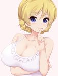  blonde_hair blue_eyes braid breasts casual_one-piece_swimsuit cleavage closed_mouth collarbone commentary_request darjeeling eyebrows_visible_through_hair finger_to_mouth frilled_swimsuit frills girls_und_panzer index_finger_raised kuro_mushi large_breasts looking_at_viewer one-piece_swimsuit pink_background short_hair simple_background smile solo swimsuit upper_body white_swimsuit 