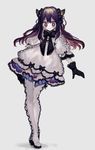  1girl bad_id bad_pixiv_id black_bow black_gloves boots bow bowtie dress frills full_body gloves grey_background gwen_(g90z) hair_ornament horns leaning_to_the_side legs_together long_hair looking_at_viewer original purple_hair red_eyes simple_background solo standing thigh_boots thigh_gap thighhighs white_dress white_footwear 