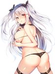  :p ass azur_lane bangs bikini black_bikini blush breasts brown_hair butt_crack commentary_request earrings fingernails hair_between_eyes highres jewelry large_breasts long_hair looking_at_viewer looking_back micro_bikini ntk_(7t5) prinz_eugen_(azur_lane) silver_hair simple_background solo standing swimsuit tongue tongue_out two_side_up white_background 