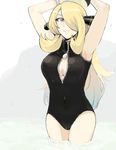  1girl armpits arms_up ball beachball black_swimsuit blonde_hair blue_eyes breasts cameltoe center_opening cleavage cleavage_cutout closed_mouth cowboy_shot front_zipper_swimsuit hair_ornament hair_over_one_eye holding holding_ball lips long_hair looking_at_viewer meme_attire momogesomaru one-piece_swimsuit partially_submerged pokemon pokemon_(game) pokemon_dppt shirona_(pokemon) sleeveless smile solo standing swimsuit unzipped water wristband zipper 