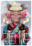  1girl 2019 animal_ears bangs blue_eyes blue_kimono brown_gloves commentary_request dark_skin facepaint fingerless_gloves fingers_to_mouth fur-trimmed_gloves fur_trim gloves gradient_hair green_eyes grin hands_up happy_new_year highres index_finger_raised japanese_clothes kimono long_sleeves looking_at_viewer multicolored multicolored_eyes multicolored_hair new_year nou obi original personification pig_ears pink_eyes red_hair sash silver_hair smile solo tusks upper_body wide_sleeves 