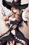  black_hat blonde_hair blush dorothy_(shingeki_no_bahamut) gem hair_between_eyes hat highres holding holding_wand inaba_sunimi jewelry long_hair long_sleeves necklace parted_lips red_eyes shadowverse solo wand weapon witch witch_hat 