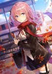  autumn_leaves backpack bag bangs blue_eyes blue_hair closed_mouth commentary_request cowboy_shot expressionless eyebrows_visible_through_hair floating_hair girls_frontline hair_ornament holding holding_leaf holster jacket kim_eb leaf leaves_in_wind long_hair looking_at_viewer multicolored_hair one_side_up open_clothes open_jacket pink_hair pleated_skirt railroad_tracks red_ribbon red_scarf ribbon scarf school_uniform scope skindentation skirt solo st_ar-15_(girls_frontline) station streaked_hair thigh_holster thigh_strap thighhighs train_station train_station_platform tsurime unzipped white_legwear wind 