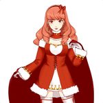  bow cape celica_(fire_emblem) fire_emblem fire_emblem_echoes:_mou_hitori_no_eiyuuou fire_emblem_gaiden gloves hair_bow hair_ornament highres long_hair looking_at_viewer red_eyes red_hair santa_costume santa_gloves smile solo 