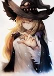  blonde_hair breasts closed_mouth dorothy_(shingeki_no_bahamut) dress foreshortening fur_trim hair_between_eyes hat highres inaba_sunimi jewelry long_hair looking_at_viewer medium_breasts necklace reaching_out shadowverse shingeki_no_bahamut smile solo white_dress witch_hat yellow_eyes 