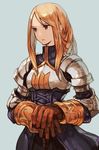  agrias_oaks armor armored_dress bangs black_eyes blonde_hair blue_background braid breastplate brown_gloves closed_mouth final_fantasy final_fantasy_tactics gloves hankuri high-waist_skirt long_hair looking_to_the_side own_hands_together plate_armor shoulder_armor simple_background single_braid skirt solo spaulders standing 
