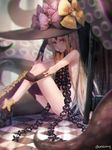  abigail_williams_(fate/grand_order) absurdres bangs black_bow black_footwear black_hat black_panties blurry blurry_foreground bow catbii checkered checkered_floor commentary depth_of_field fate/grand_order fate_(series) hat hat_bow high_heels highres key long_hair looking_at_viewer orange_bow oversized_object panties parted_bangs parted_lips red_eyes revealing_clothes sitting solo suction_cups tentacles topless underwear very_long_hair white_hair witch_hat 