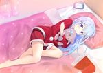  bangs bare_legs barefoot bed blue_eyes blush christmas clock closed_mouth commentary_request curtains eyebrows_visible_through_hair from_above fur_trim gochuumon_wa_usagi_desu_ka? hair_between_eyes hair_ornament hairclip hat hat_removed headwear_removed indoors kafuu_chino light_blue_hair long_hair looking_at_viewer lying miki_yuu object_hug on_bed on_side pillow red_shirt red_shorts santa_costume santa_hat shirt shorts sidelocks smile solo stuffed_animal stuffed_bunny stuffed_toy x_hair_ornament 