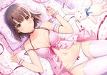  6u_(eternal_land) arm_garter babydoll bangs bare_shoulders bed_sheet bow bow_panties breasts brown_eyes brown_hair cleavage closed_mouth collarbone commentary_request frilled_pillow frills hair_between_eyes katou_megumi looking_at_viewer lying medium_breasts navel on_back panties pillow saenai_heroine_no_sodatekata short_hair smile solo strap_slip stuffed_animal stuffed_bunny stuffed_toy thighhighs underwear underwear_only white_legwear white_panties wrist_cuffs 