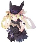  alternate_costume arms_up black_dress black_hat black_scarf black_wristband blonde_hair blush braid breasts chinese chinese_commentary cleavage cleavage_cutout commentary cropped_torso dress eyebrows_visible_through_hair from_above girls_frontline hair_tie hand_in_hair hat head_tilt holding holding_hair long_hair looking_at_viewer looking_up mania_(fd6060_60) pinky_out purple_eyes scarf shoes signature simple_background skirt small_breasts smile solo spotted_scarf sr-3mp_(girls_frontline) stuffed_animal stuffed_bunny stuffed_toy thick_eyebrows tongue tongue_out twin_braids twintails very_long_hair white_background wristband 