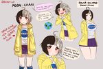  age_progression ahoge alternate_breast_size blush breast_expansion breasts danielle_brindle earth english highres large_breasts moon-chan multicolored_hair nasa_logo original raincoat short_hair small_breasts speech_bubble two-tone_hair 