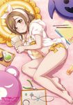  ass barefoot blush bra breasts brown_eyes brown_hair collarbone copyright_name eyebrows_visible_through_hair feet frilled_bra frills from_above hair_ornament highres holding inou_shin kunikida_hanamaru looking_at_viewer love_live! love_live!_sunshine!! lying medium_breasts navel on_side parted_lips ribbon short_hair solo underwear underwear_only yellow_ribbon 