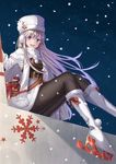  azur_lane bangs belt black_belt black_legwear blush christmas coat commentary earmuffs enterprise_(azur_lane) eyebrows_visible_through_hair floating_hair from_below gloves hat highres long_hair looking_at_viewer night night_sky open_mouth pantyhose pom_pom_(clothes) purple_eyes rurukuru scarf silver_hair sitting skates sky smile snowflake_print snowing solo stuffed_deer underbust white_footwear white_gloves white_hat white_scarf winter winter_clothes winter_coat 