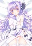  :o azur_lane bangs bare_shoulders bed_sheet black_bow black_ribbon blush bow bow_panties commentary_request detached_sleeves dress dress_lift eyebrows_visible_through_hair hair_between_eyes hair_bun hair_ribbon head_tilt long_hair long_sleeves looking_at_viewer lying minakami_rinka object_hug on_back one_side_up panties parted_lips purple_eyes purple_hair ribbon side_bun sleeves_past_wrists solo stuffed_alicorn stuffed_animal stuffed_toy thighhighs underwear unicorn_(azur_lane) very_long_hair white_dress white_legwear white_panties 