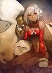  altera_(fate) altera_the_santa bangs bare_shoulders blush breasts choker closed_mouth commentary_request dark_skin detached_sleeves earmuffs fate/grand_order fate_(series) long_hair looking_at_viewer medium_breasts mittens navel rano red_choker red_eyes revealing_clothes sheep shiny shiny_skin short_hair sitting skindentation smile solo underwear veil white_hair 