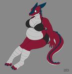  2017 anthro big_breasts breasts clothed clothing digital_media_(artwork) dragon line_art longlevy looking_at_viewer overweight partially_clothed simple_background sitting sketch skimpy smile solo 