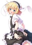  animal_ears apron ass ass_grab bangs black_skirt blonde_hair blue_eyes blush bunny_ears center_frills commentary_request covering covering_ass cowboy_shot eyebrows_visible_through_hair fake_animal_ears fleur_de_lapin_uniform frilled_apron frilled_cuffs frilled_hairband frilled_skirt frills from_behind gochuumon_wa_usagi_desu_ka? grabbing_own_ass hairband kirima_sharo matokechi open_mouth puffy_sleeves shirt simple_background skirt solo underbust uniform waist_apron waitress white_apron white_background white_shirt wrist_cuffs 