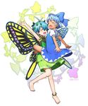  anklet antennae arm_up bangs bare_legs barefoot blue_bow blue_dress blue_eyes blue_hair bow butterfly_wings cirno closed_eyes commentary_request dress eternity_larva green_dress hair_bow hair_ornament jewelry leaf_hair_ornament leg_lock multiple_girls no_wings puffy_short_sleeves puffy_sleeves short_dress short_hair short_sleeves smile tanned_cirno tansan_daisuki touhou white_background wings yellow_wings 