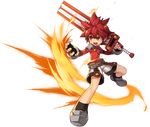  absurdres belt black_gloves elsword elsword_(character) fingerless_gloves fire full_body gloves highres holding holding_sword holding_weapon knight_(elsword) looking_to_the_side male_focus official_art open_mouth red_eyes red_hair red_shirt ress serious shirt shoes shorts single_pauldron solo spiked_hair sword transparent_background weapon white_shorts 