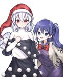  alternate_hairstyle blue_eyes blue_hair blush cosplay costume_switch doremy_sweet hairstyle_switch hat kishin_sagume long_hair long_sleeves multiple_girls nightcap open_mouth pom_pom_(clothes) red_eyes red_hat short_hair simple_background single_wing smile soooooook2 touhou turtleneck white_background white_hair wings 