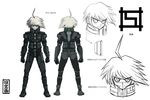  ahoge android blue_eyes character_sheet clenched_hands concept_art danganronpa full_body highres keebo komatsuzaki_rui looking_at_viewer male_focus multiple_views new_danganronpa_v3 official_art power_armor reference_sheet silver_hair simple_background translation_request white_background 