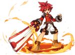  :o absurdres belt black_gloves elsword elsword_(character) fingerless_gloves fire full_body gloves highres holding holding_sword holding_weapon knight_(elsword) looking_at_viewer male_focus official_art open_mouth red_eyes red_hair red_shirt ress serious shirt shoes shorts single_pauldron solo spiked_hair standing sword transparent_background weapon white_shorts 