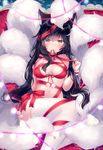  ahri animal_ears bangs bdsm bell bell_collar black_hair blush bondage bound breasts choker collar commentary deviantart_username fox_ears fox_tail hand_on_own_chest highres kumiho league_of_legends long_hair looking_at_viewer medium_breasts naked_ribbon ribbon shouu-kun sitting solo tail thighhighs tied_up very_long_hair whisker_markings yellow_eyes 
