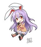  :d animal_ears bangs black_legwear blush boots bunny_ears chibi coat commentary_request eyebrows_visible_through_hair full_body hair_between_eyes long_hair long_sleeves looking_at_viewer mittens open_mouth orange_coat orange_footwear own_hands_together pleated_skirt purple_hair red_eyes reisen_udongein_inaba signature simple_background skirt smile solo thighhighs tirotata touhou white_background white_skirt 