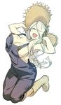  :d armpits bare_arms bare_shoulders beige_boots boots breasts closed_eyes commentary_request copyright_request facing_viewer full_body grey_footwear hair_over_one_eye hands_on_headwear hands_up hat kantai_collection large_breasts legs_together long_hair naked_overalls nonco open_mouth overalls rubber_boots seaport_summer_hime shinkaisei-kan silver_hair smile solo straw_hat 