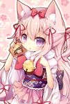  animal_ears azur_lane bangs bell blush bow cat_ears chestnut_mouth commentary ema eyebrows_visible_through_hair fur_collar hair_between_eyes hair_bow hair_ribbon japanese_clothes jingle_bell kimono kisaragi_(azur_lane) long_hair long_sleeves looking_at_viewer mutsuki_(azur_lane) obi one_side_up outline parted_lips pink_background pink_hair pink_kimono pink_skirt purple_eyes red_bow red_ribbon ribbon sash short_kimono skirt solo very_long_hair white_outline wide_sleeves yukiyuki_441 